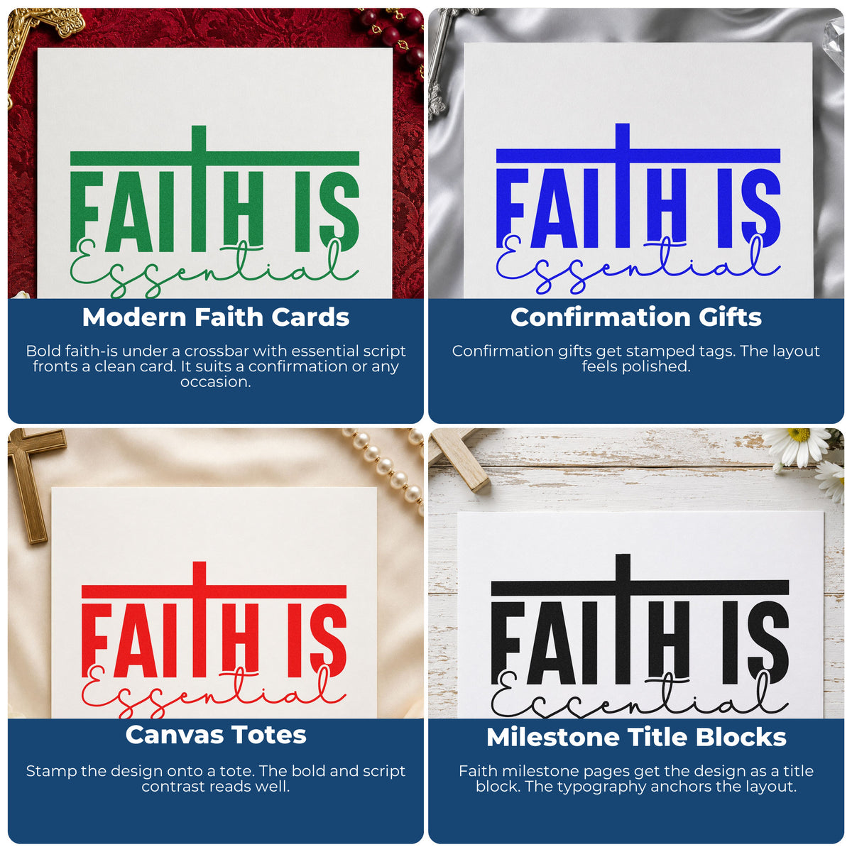 Four ways to use the Faith Is Essential Flowing Script Compact Pre-Inked Stamp – Slim: modern faith cards, confirmation gifts, canvas totes and milestone title blocks.
