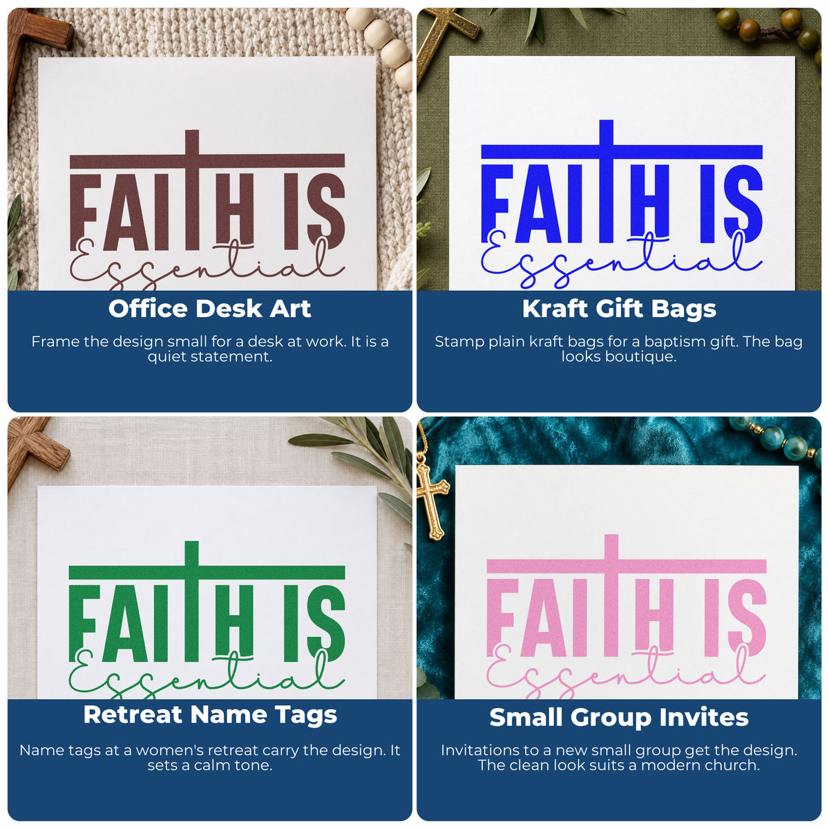 Four ways to use the Faith Is Essential Flowing Script Compact Pre-Inked Stamp – Slim: office desk art, kraft gift bags, retreat name tags and small group invites.