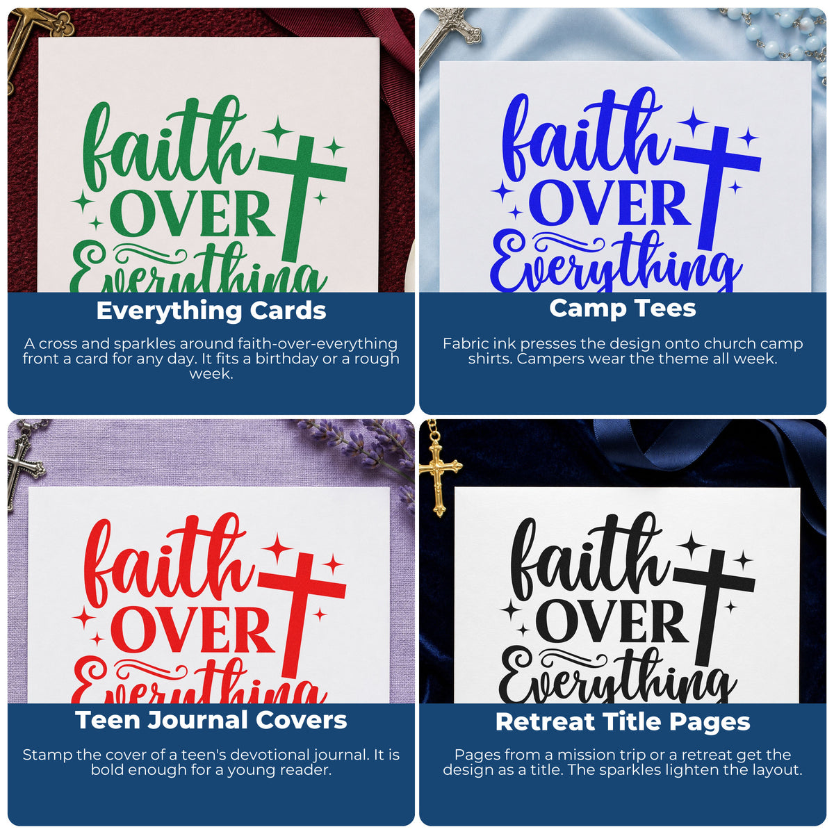 Four ways to use the Faith Over Everything Rubber Stamp – Wood Handle: everything cards, camp tees, teen journal covers and retreat title pages.