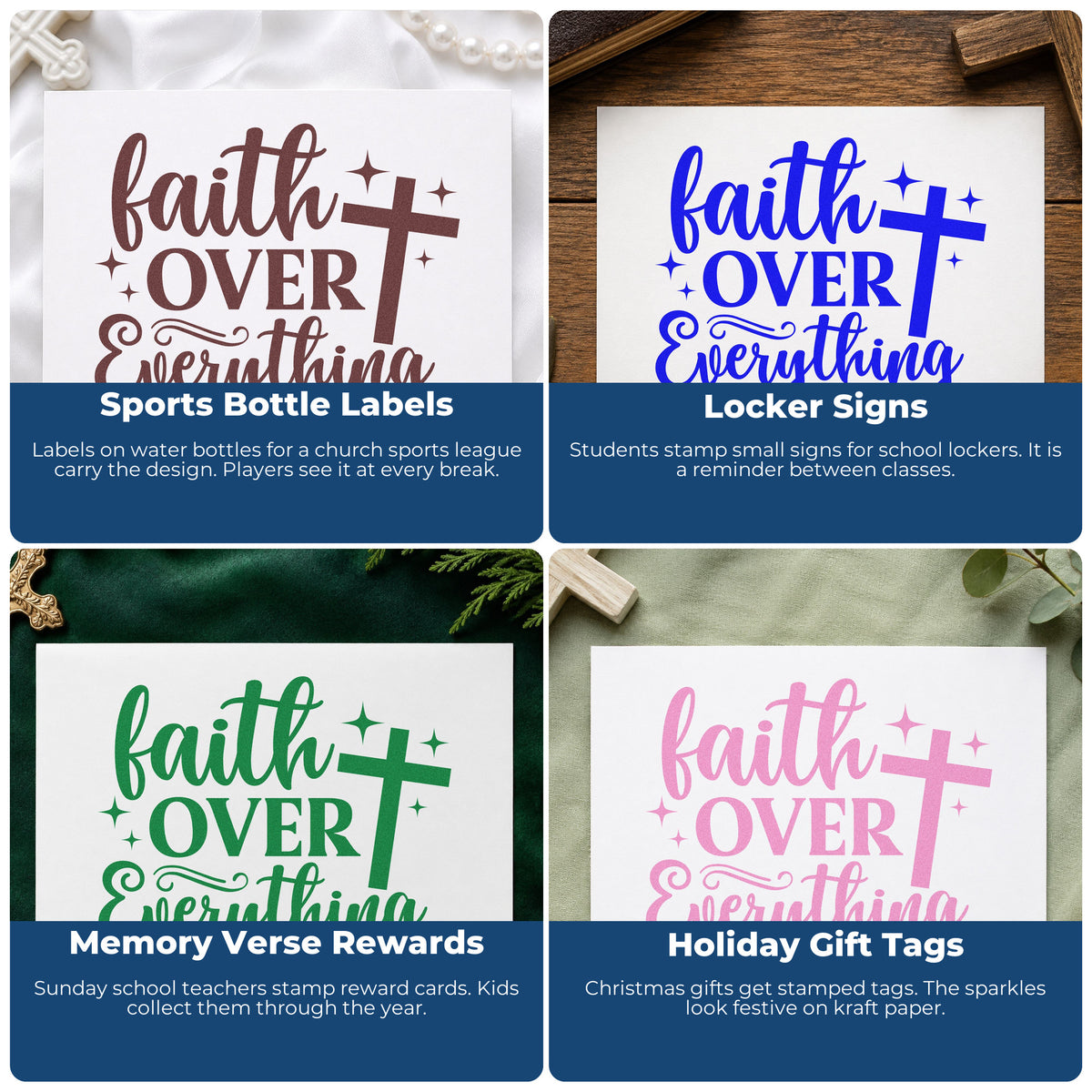 Four ways to use the Faith Over Everything Rubber Stamp – Wood Handle: sports bottle labels, locker signs, memory verse rewards and holiday gift tags.
