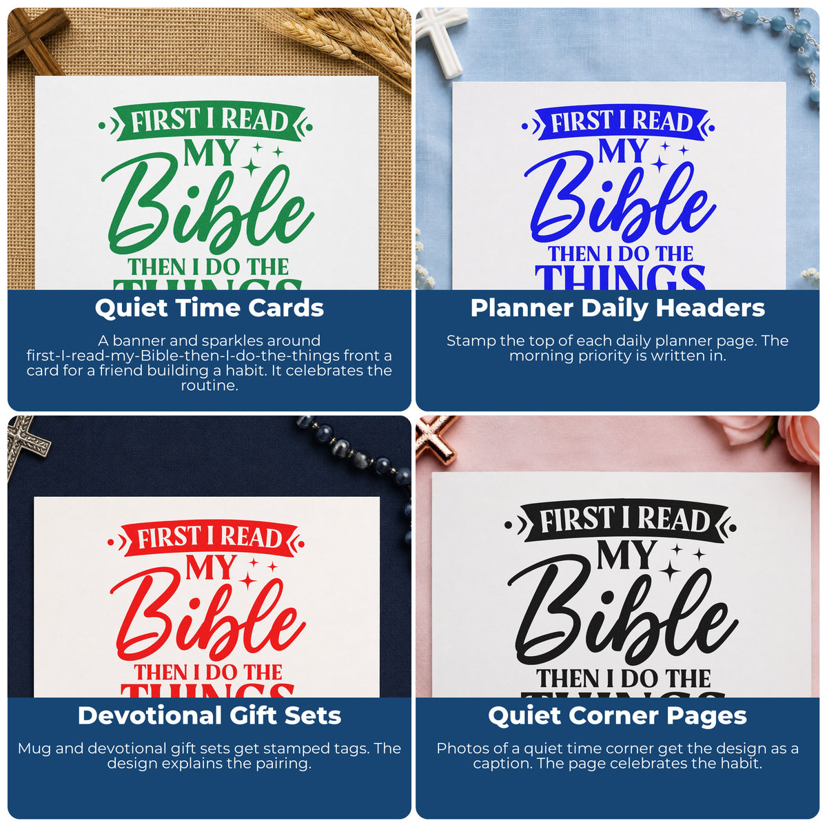 Four ways to use the First I Read My Bible Self-Inking Craft Stamp: quiet time cards, planner daily headers, devotional gift sets and quiet corner pages.
