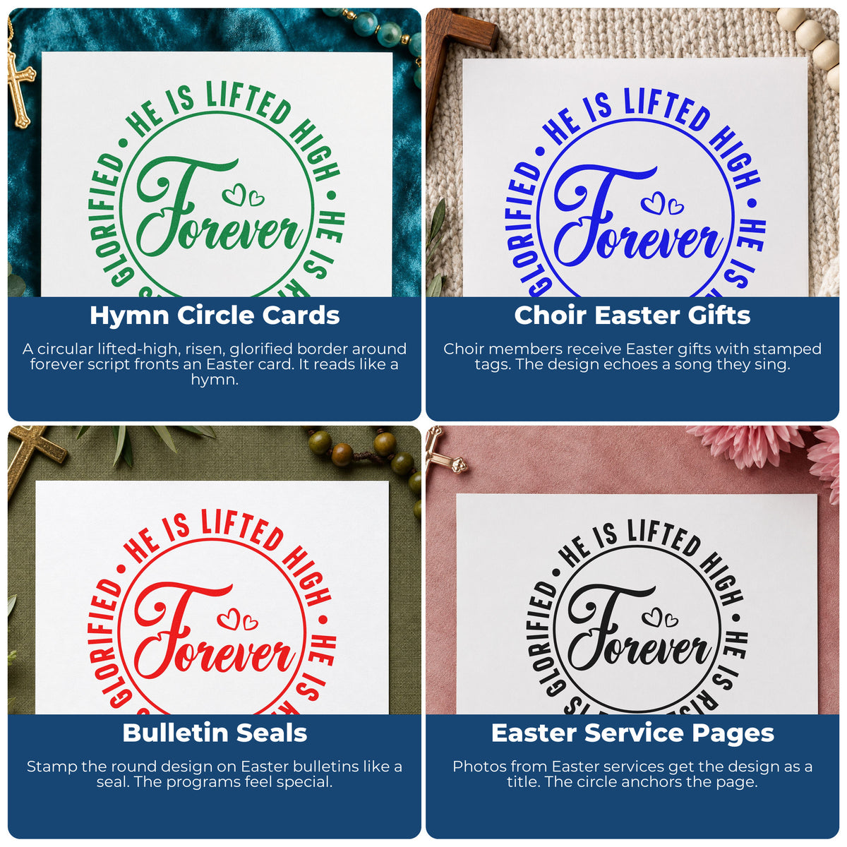 Four ways to use the Forever He Is Risen Wood-Mounted Rubber Stamp: hymn circle cards, choir easter gifts, bulletin seals and easter service pages.