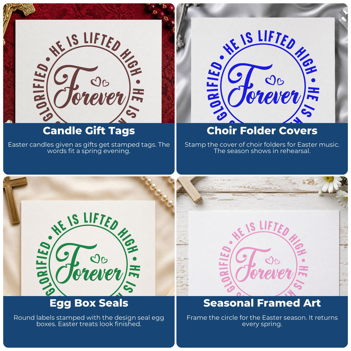 Four ways to use the Forever He Is Risen Premium Wood-Mounted Stamp - Vintage Pro: candle gift tags, choir folder covers, egg box seals and seasonal framed art.