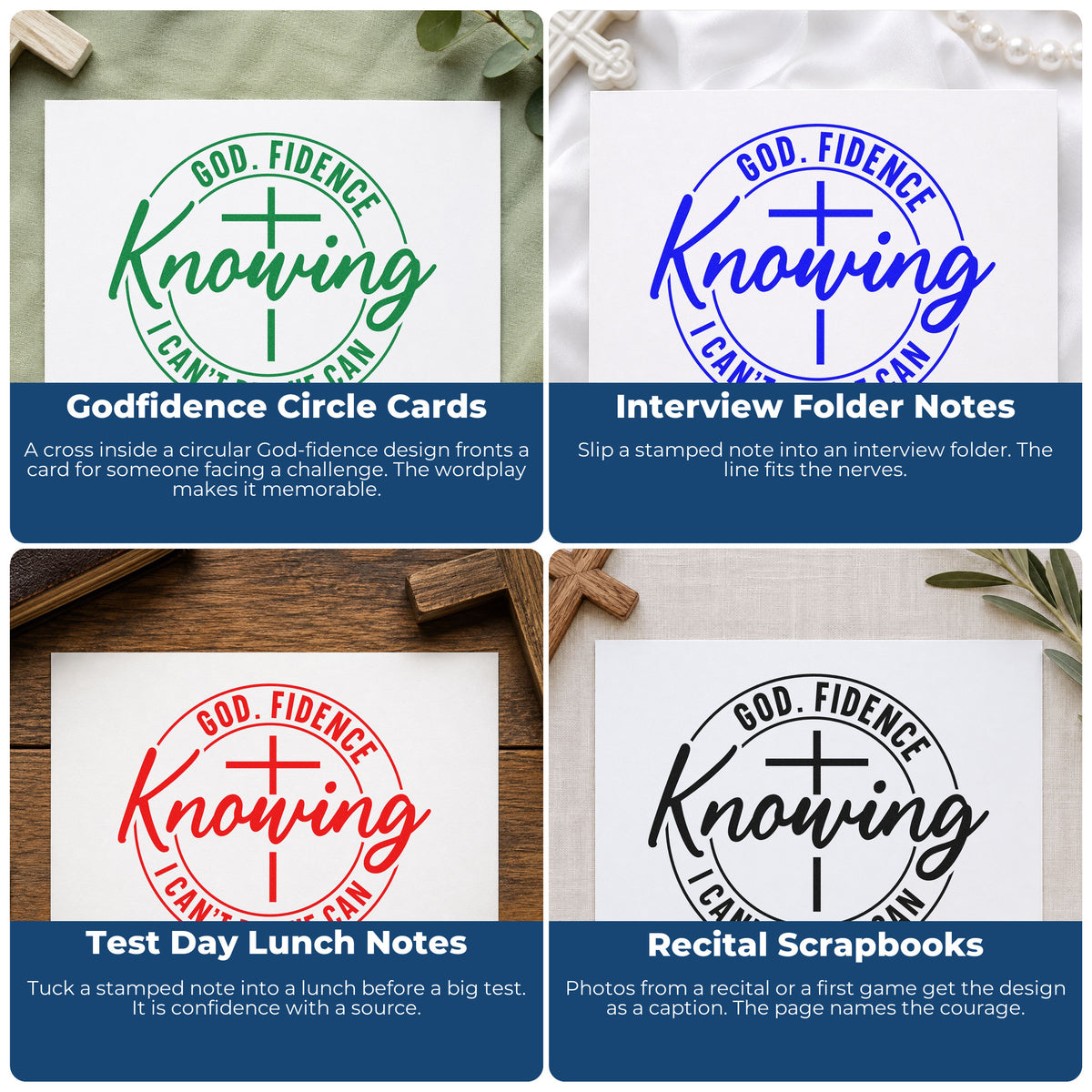 Four ways to use the Godfidence Knowing He Can With Cross Stamp – Duo Hand: godfidence circle cards, interview folder notes, test day lunch notes and recital scrapbooks.