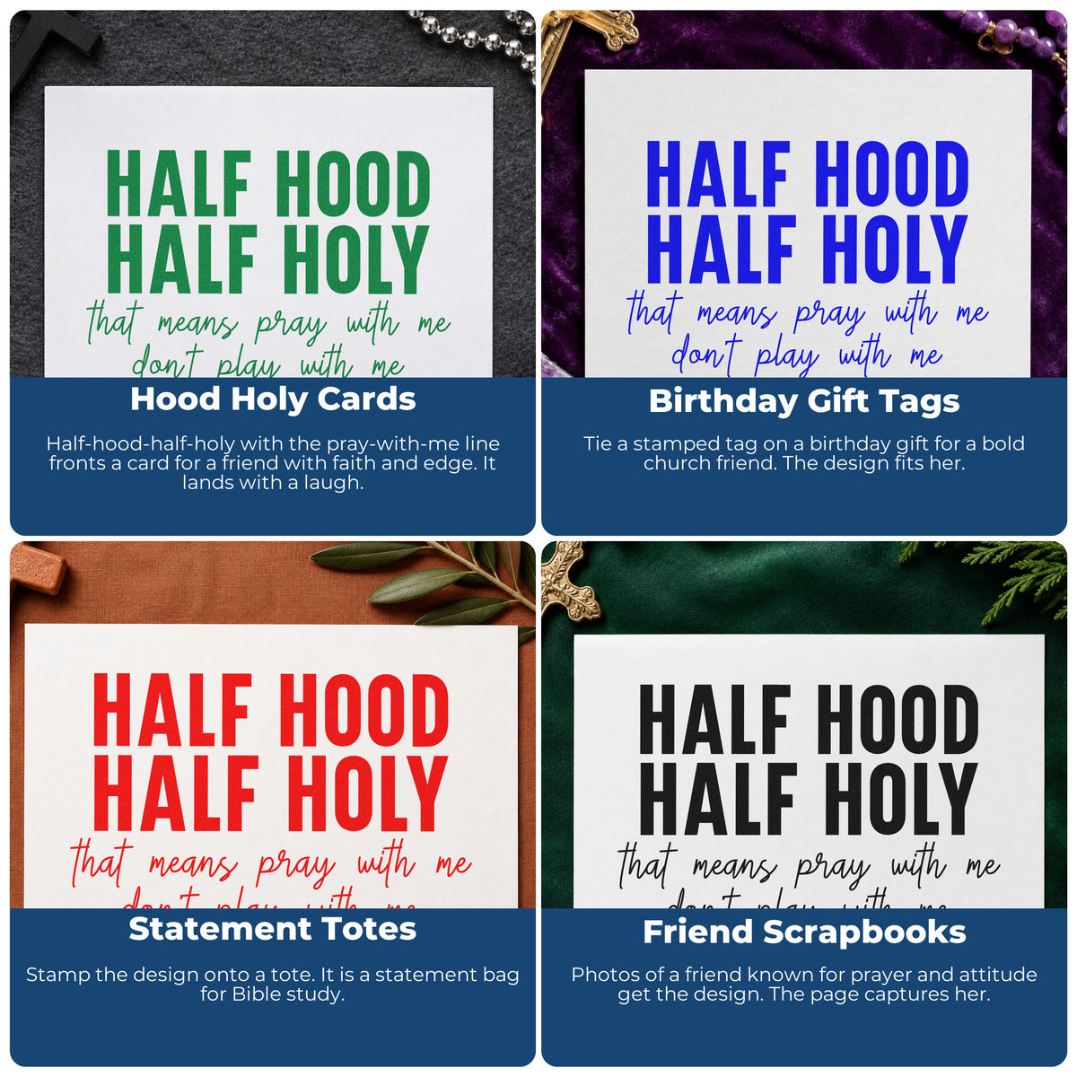 Four ways to use the Half Hood Half Holy Hand Stamp – Duo: hood holy cards, birthday gift tags, statement totes and friend scrapbooks.