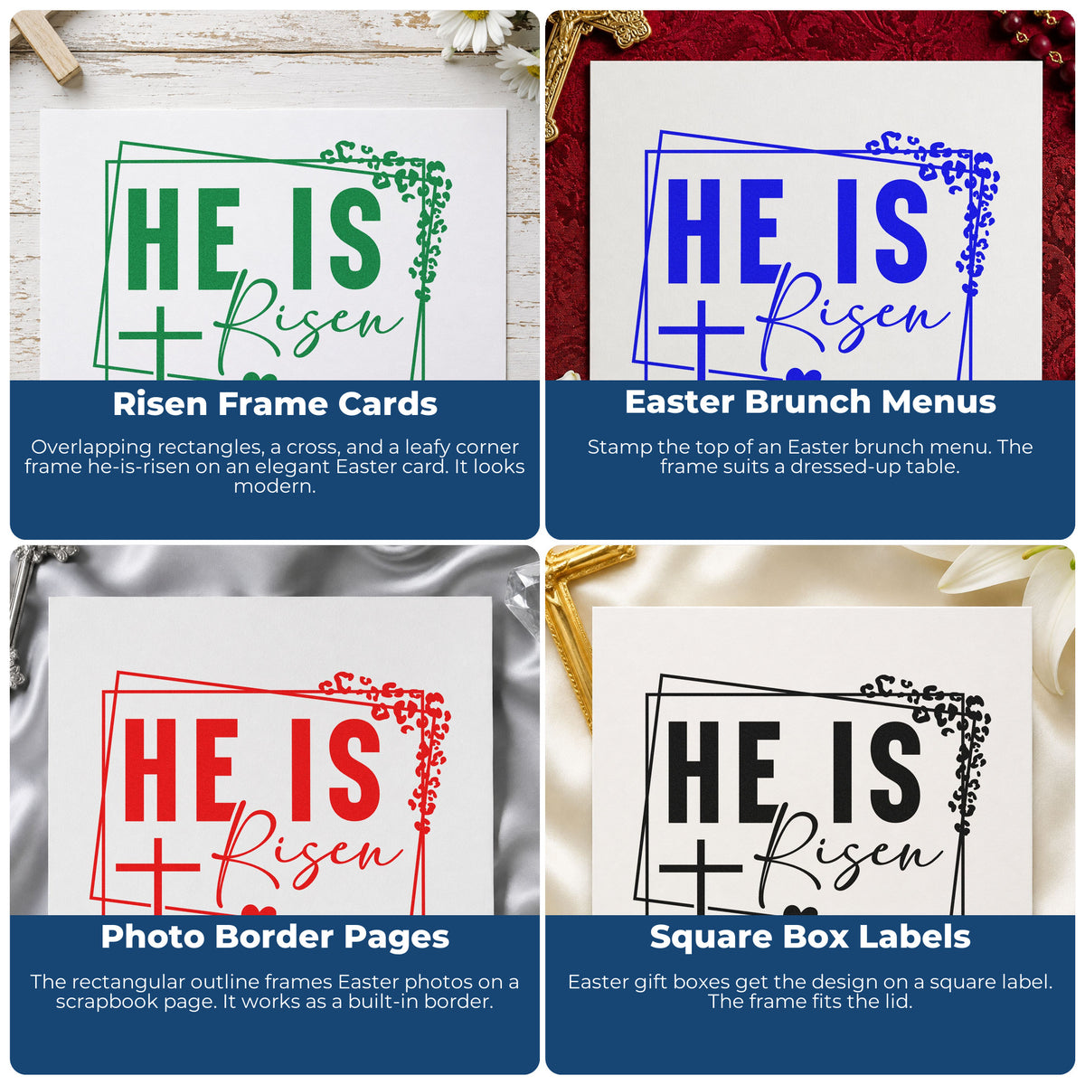 Four ways to use the Duo Hand He Is Risen Rubber Stamp: risen frame cards, easter brunch menus, photo border pages and square box labels.