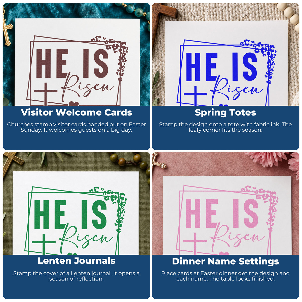 Four ways to use the He Is Risen Stamp – Self-Inking: visitor welcome cards, spring totes, lenten journals and dinner name settings.