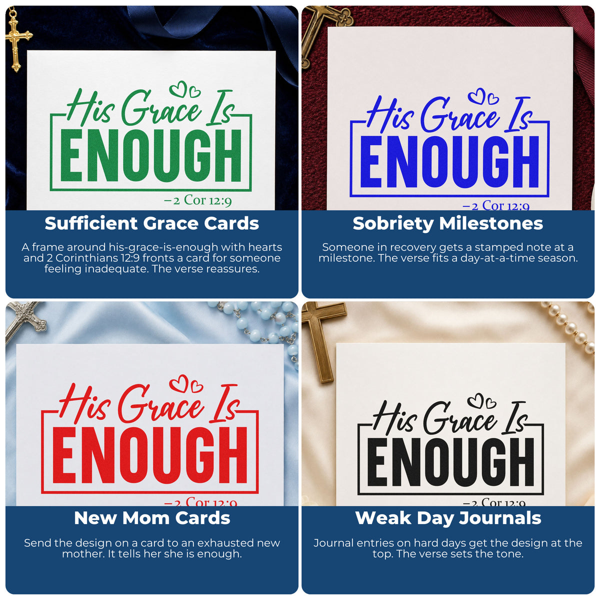 Four ways to use the His Grace Is Enough Wood Handle Stamp: sufficient grace cards, sobriety milestones, new mom cards and weak day journals.
