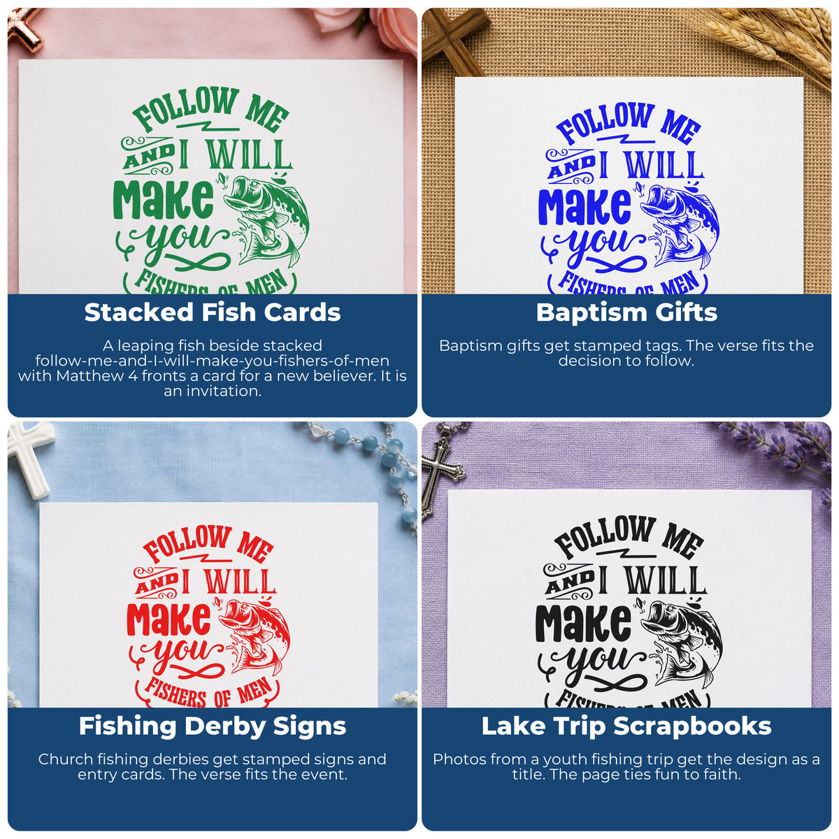 Four ways to use the Follow Me Fishers Of Men Stamp - Premium Vintage Pro Wooden: stacked fish cards, baptism gifts, fishing derby signs and lake trip scrapbooks.