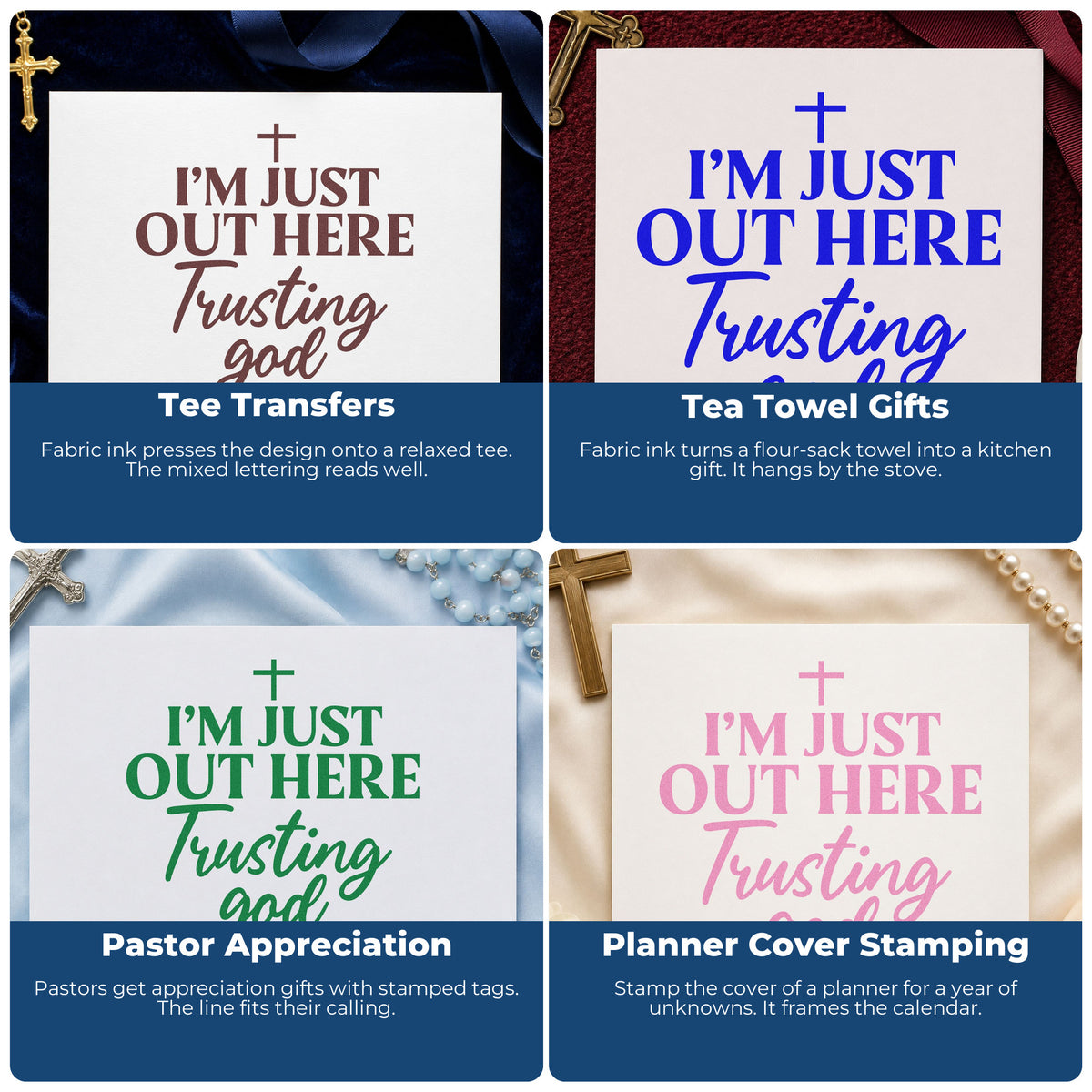 Four ways to use the Out Here Trusting God Stamp – Wood Handle: tee transfers, tea towel gifts, pastor appreciation and planner cover stamping.