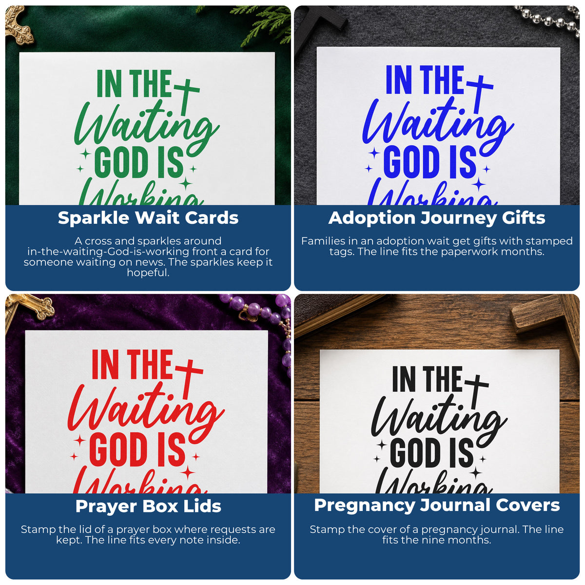 Four ways to use the In The Waiting God Is Working Stamp – Self-Inking: sparkle wait cards, adoption journey gifts, prayer box lids and pregnancy journal covers.
