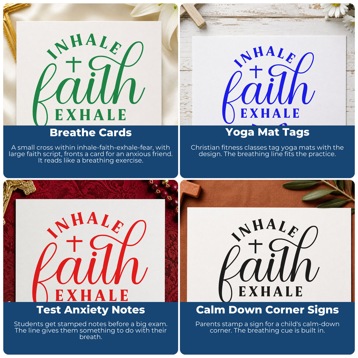 Four ways to use the Inhale Faith, Exhale Fear With Cross Stamp - Premium Vintage Pro Wooden: breathe cards, yoga mat tags, test anxiety notes and calm down corner signs.
