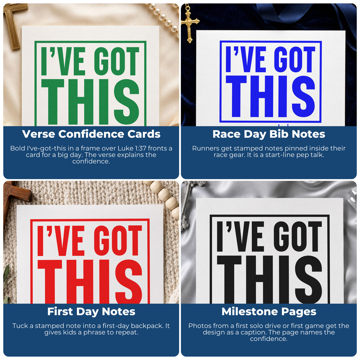 Four ways to use the I've Got This Pre-Inked Stamp – Slim: verse confidence cards, race day bib notes, first day notes and milestone pages.