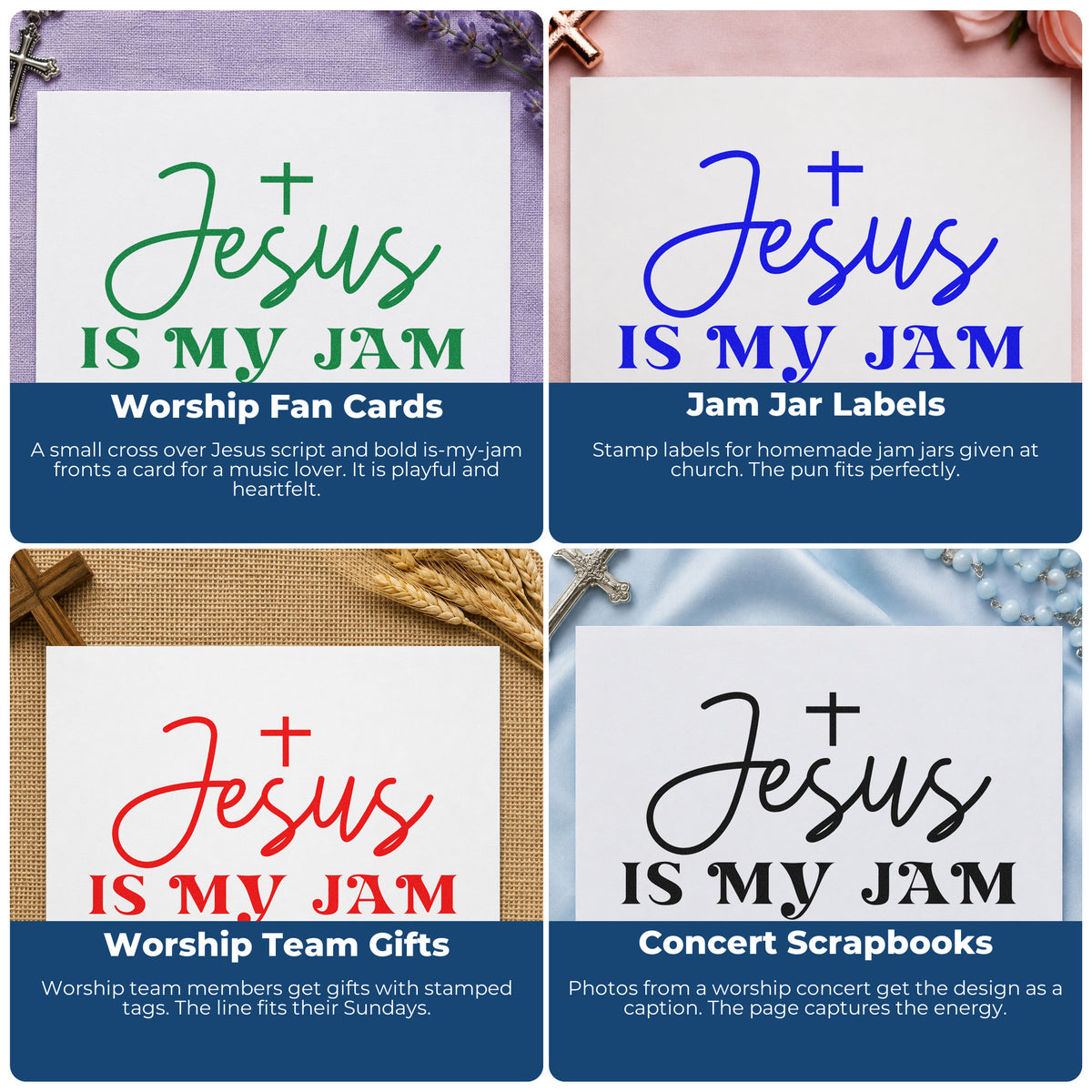 Four ways to use the Self-Inking Jesus Is My Jam With Cross Stamp: worship fan cards, jam jar labels, worship team gifts and concert scrapbooks.