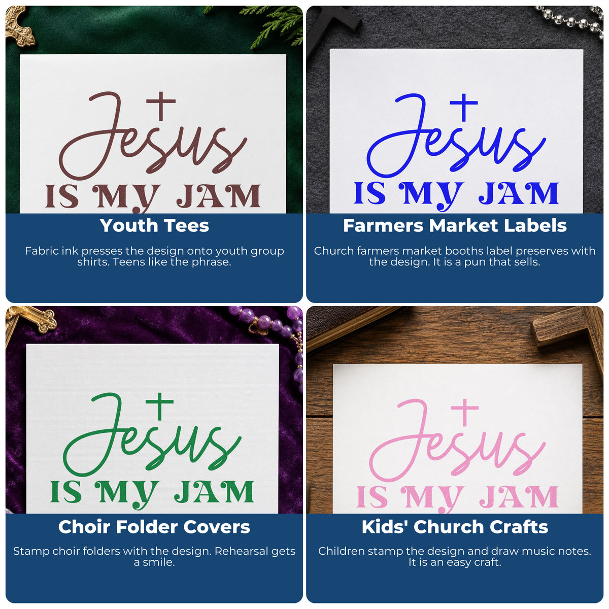 Four ways to use the Self-Inking Jesus Is My Jam With Cross Stamp: youth tees, farmers market labels, choir folder covers and kids' church crafts.