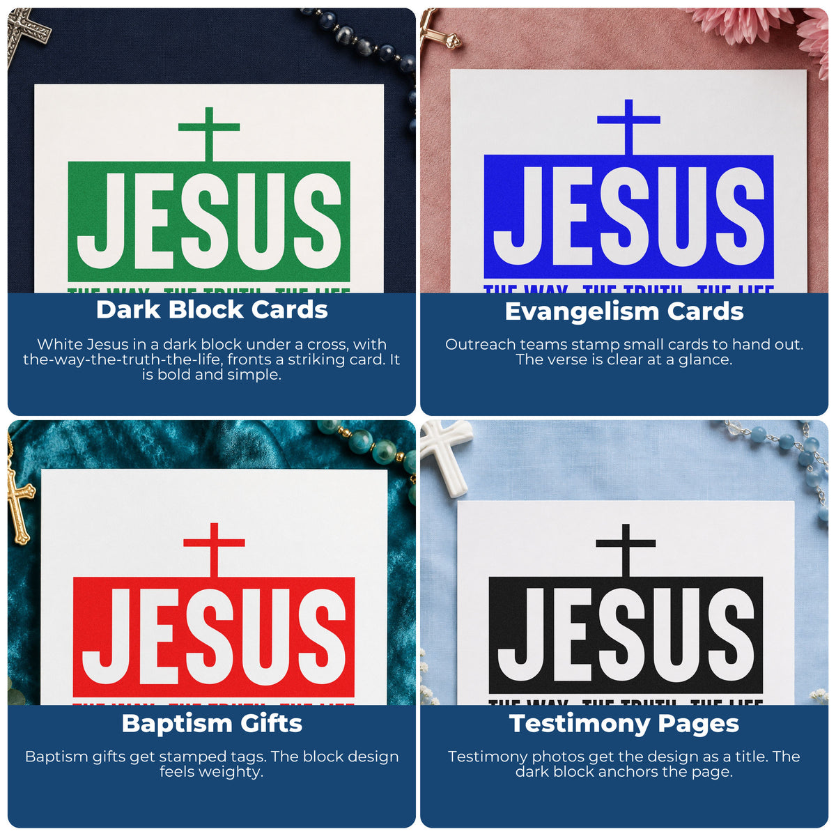 Four ways to use the Jesus The Way Truth Life Hand Stamp – Duo: dark block cards, evangelism cards, baptism gifts and testimony pages.