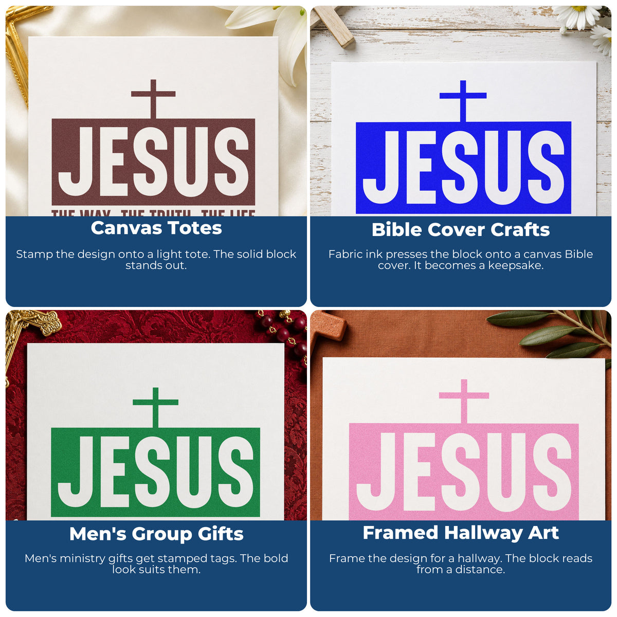 Four ways to use the Jesus The Way Truth Life Hand Stamp – Duo: canvas totes, bible cover crafts, men's group gifts and framed hallway art.