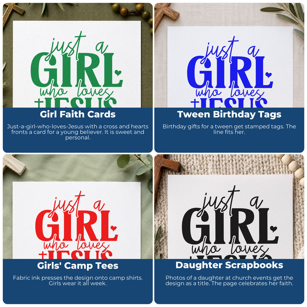 Four ways to use the Duo Hand Just A Girl Who Loves Jesus With Cross Rubber Stamp: girl faith cards, tween birthday tags, girls' camp tees and daughter scrapbooks.