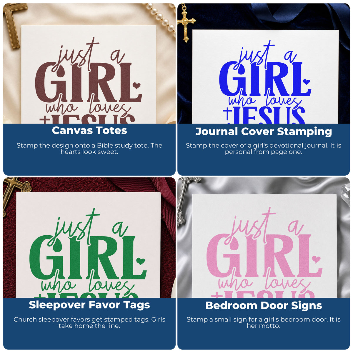 Four ways to use the Just A Girl Who Loves Jesus With Cross Stamp – Self-Inking: canvas totes, journal cover stamping, sleepover favor tags and bedroom door signs.