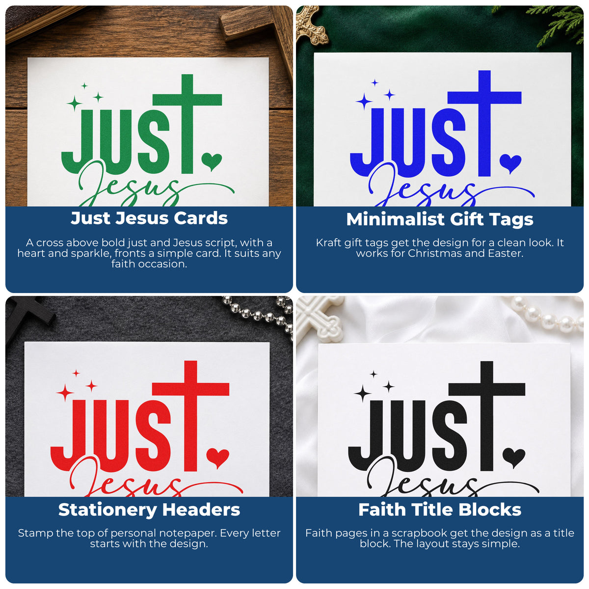 Four ways to use the Just Jesus Wood Handle Stamp: just jesus cards, minimalist gift tags, stationery headers and faith title blocks.