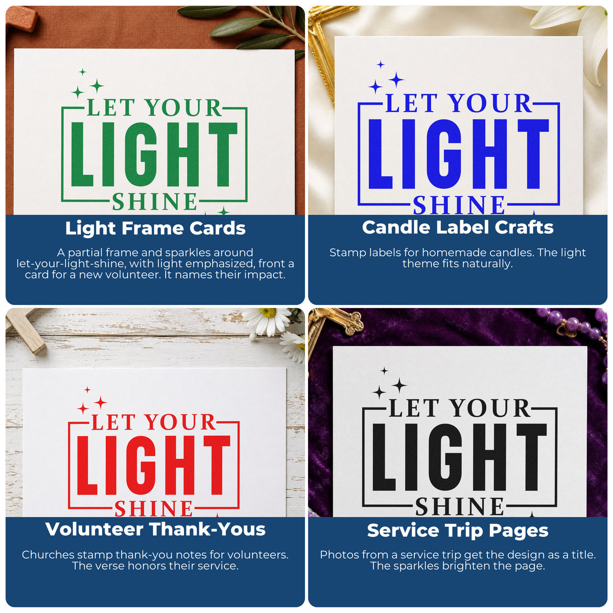 Four ways to use the Let Your Light Shine With Sparkles Pre-Inked Stamp – PSI: light frame cards, candle label crafts, volunteer thank-yous and service trip pages.