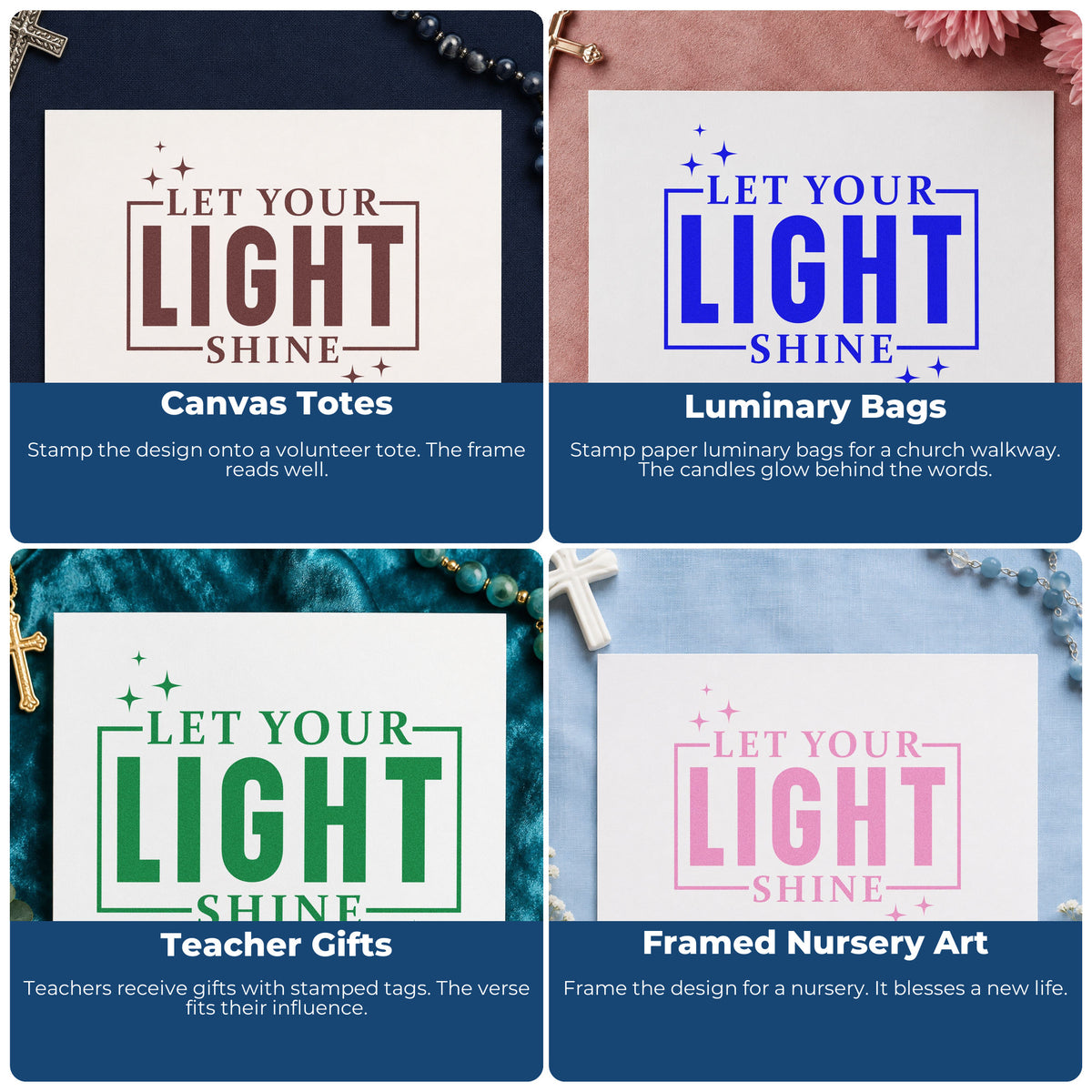 Four ways to use the Let Your Light Shine With Sparkles Self-Inking Stamp: canvas totes, luminary bags, teacher gifts and framed nursery art.
