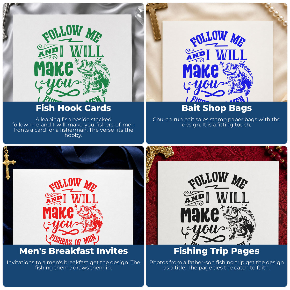 Four ways to use the Follow Me And I Will Make You Fishers Of Men Leaping Fish Rubber Stamp – Wood Handle: fish hook cards, bait shop bags, men's breakfast invites and fishing trip pages.