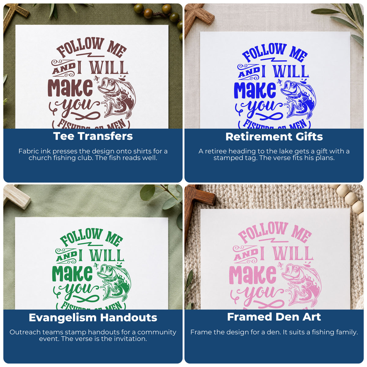 Four ways to use the Follow Me And I Will Make You Fishers Of Men Leaping Fish Hand Stamp – Duo: tee transfers, retirement gifts, evangelism handouts and framed den art.