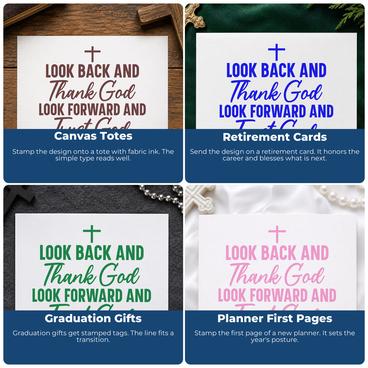 Four ways to use the Thank God And Trust God Rubber Stamp – Duo Hand: canvas totes, retirement cards, graduation gifts and planner first pages.