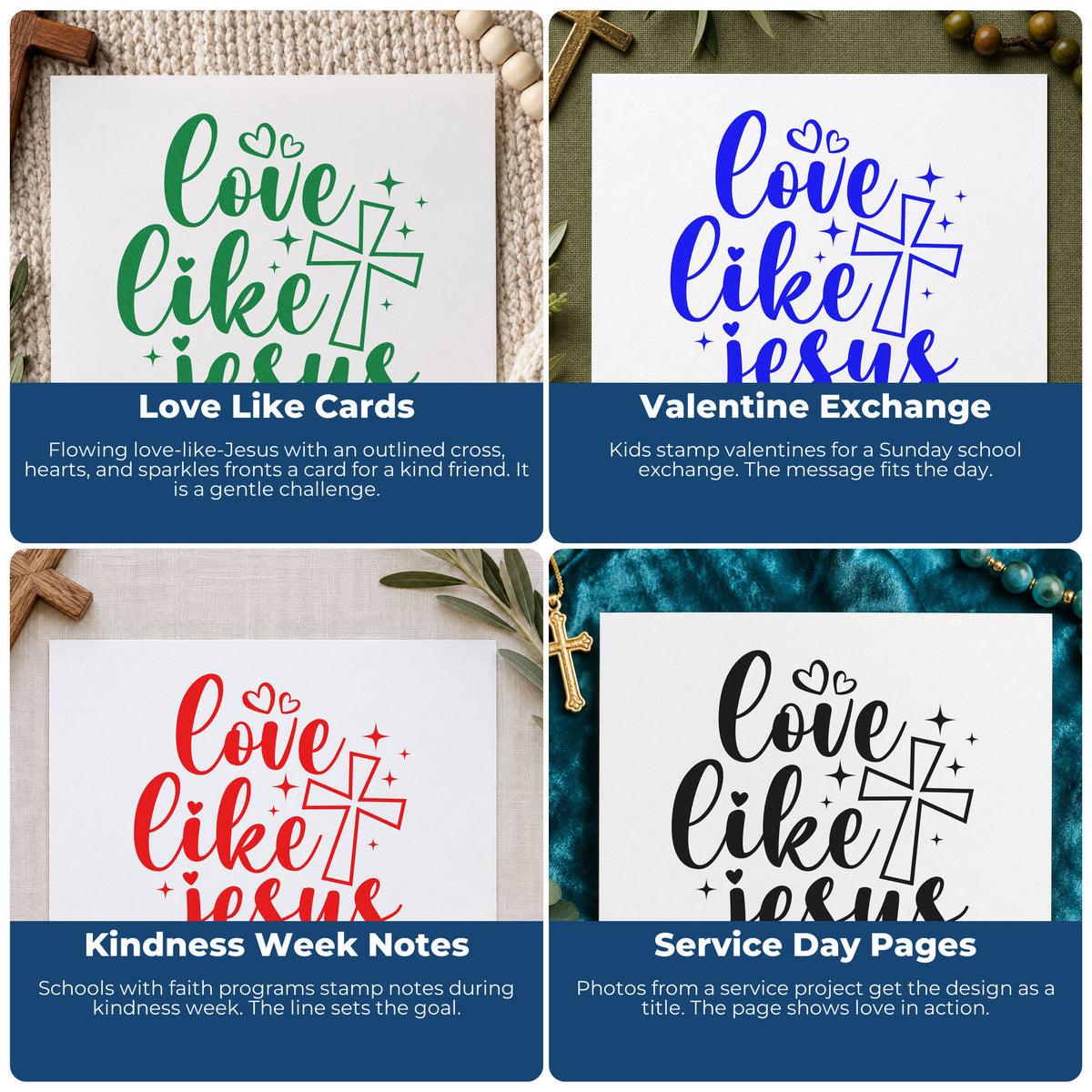 Four ways to use the Slim Pre-Inked Love Like Jesus Outlined Cross Stamp: love like cards, valentine exchange, kindness week notes and service day pages.