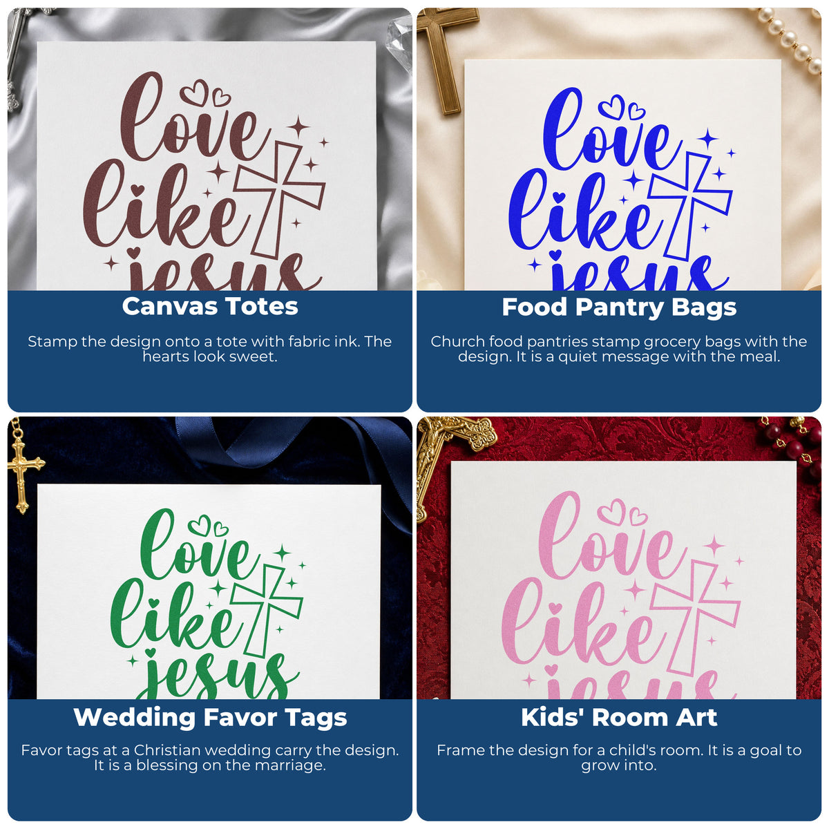 Four ways to use the Love Like Jesus Outlined Cross Self-Inking Craft Stamp: canvas totes, food pantry bags, wedding favor tags and kids' room art.