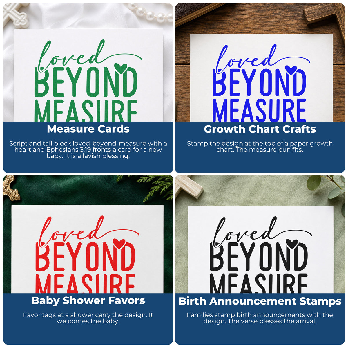 Four ways to use the Loved Beyond Measure Stamp – Self-Inking: measure cards, growth chart crafts, baby shower favors and birth announcement stamps.