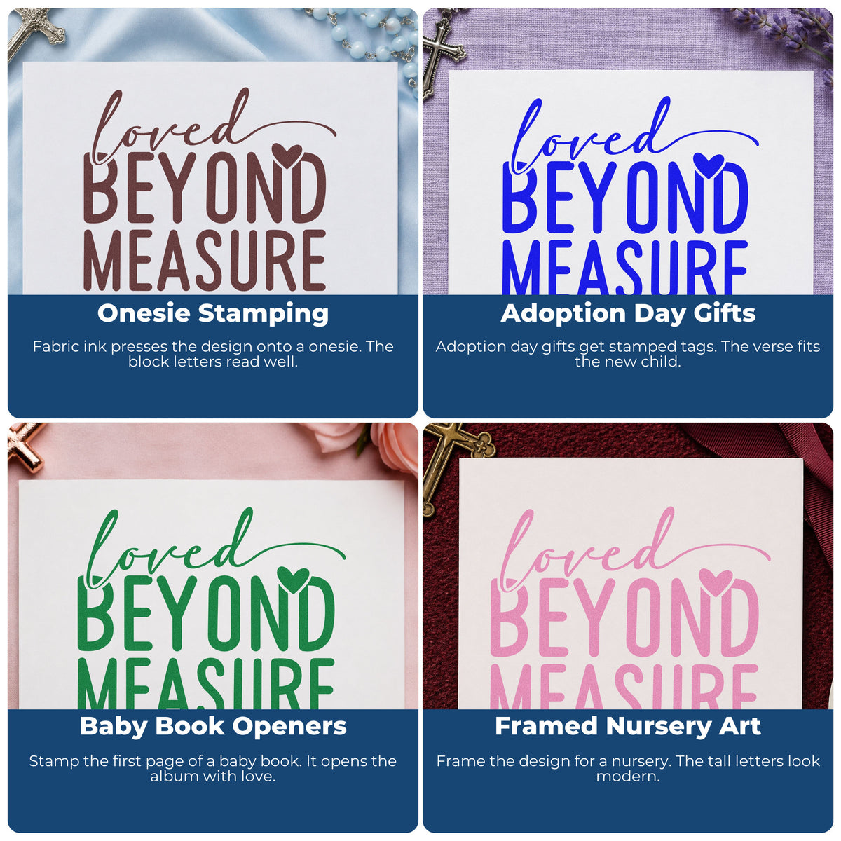 Four ways to use the Loved Beyond Measure Stamp – Self-Inking: onesie stamping, adoption day gifts, baby book openers and framed nursery art.