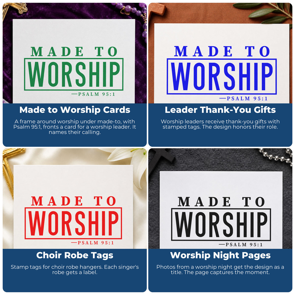 Four ways to use the Made To Worship Frame Accent Stamp – Duo Hand: made to worship cards, leader thank-you gifts, choir robe tags and worship night pages.