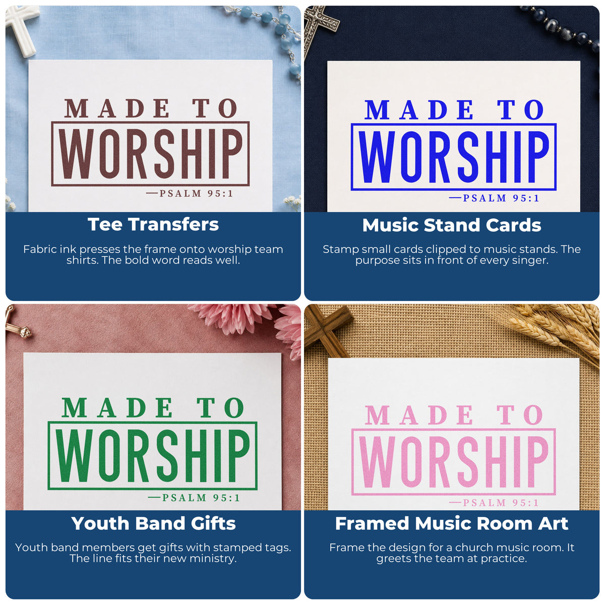 Four ways to use the Made To Worship Frame Accent Stamp – Duo Hand: tee transfers, music stand cards, youth band gifts and framed music room art.