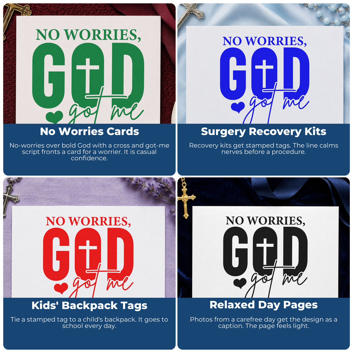 Four ways to use the No Worries God Got Me With Cross Wood Handle Stamp: no worries cards, surgery recovery kits, kids' backpack tags and relaxed day pages.