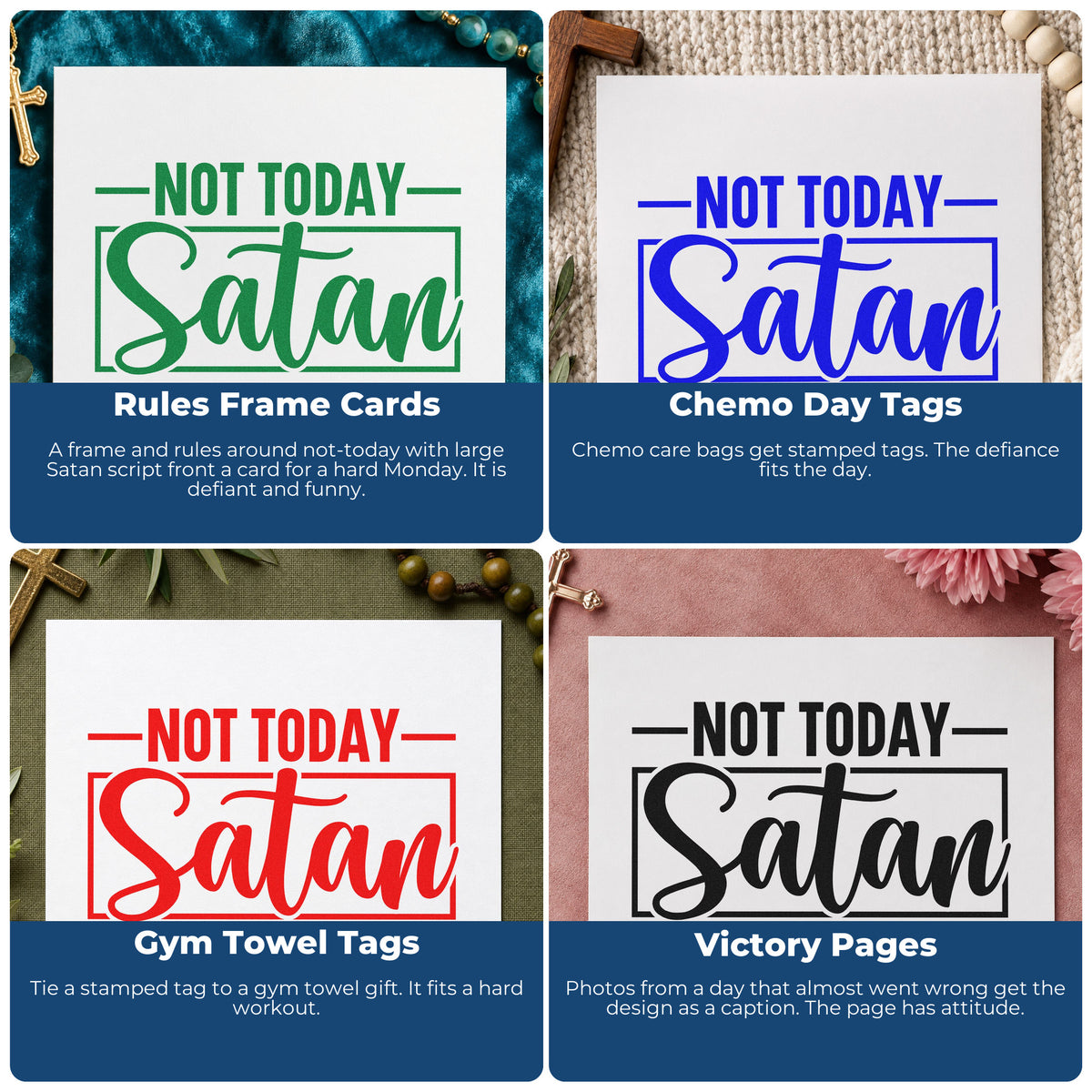 Four ways to use the Not Today Satan Frame Accent Wood Handle Stamp: rules frame cards, chemo day tags, gym towel tags and victory pages.