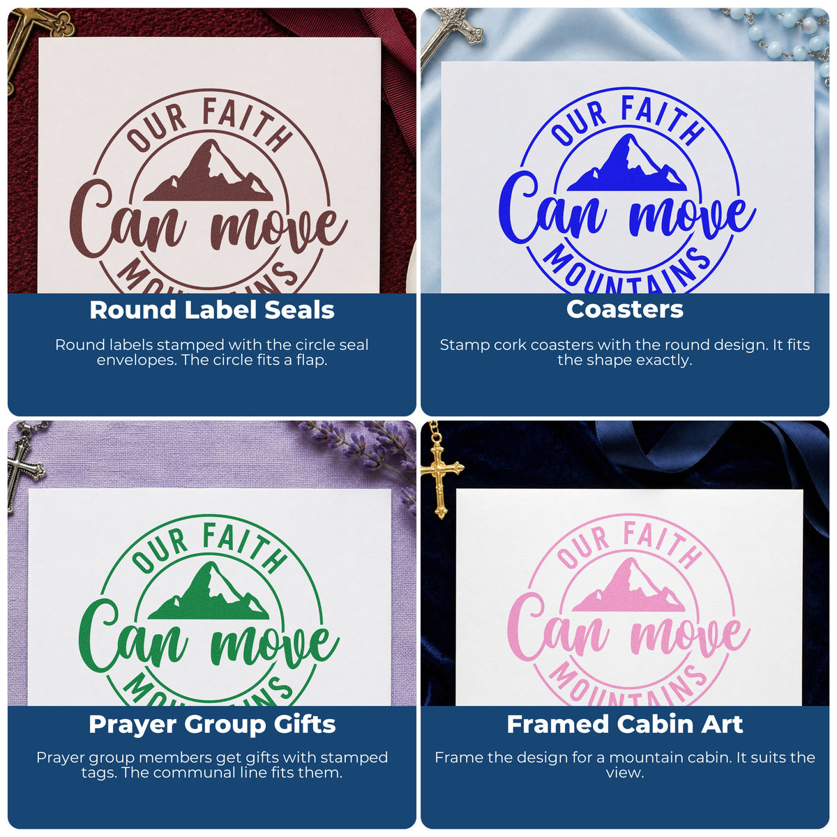 Four ways to use the Our Faith Can Move Mountains Pre-Inked Stamp – Slim: round label seals, coasters, prayer group gifts and framed cabin art.