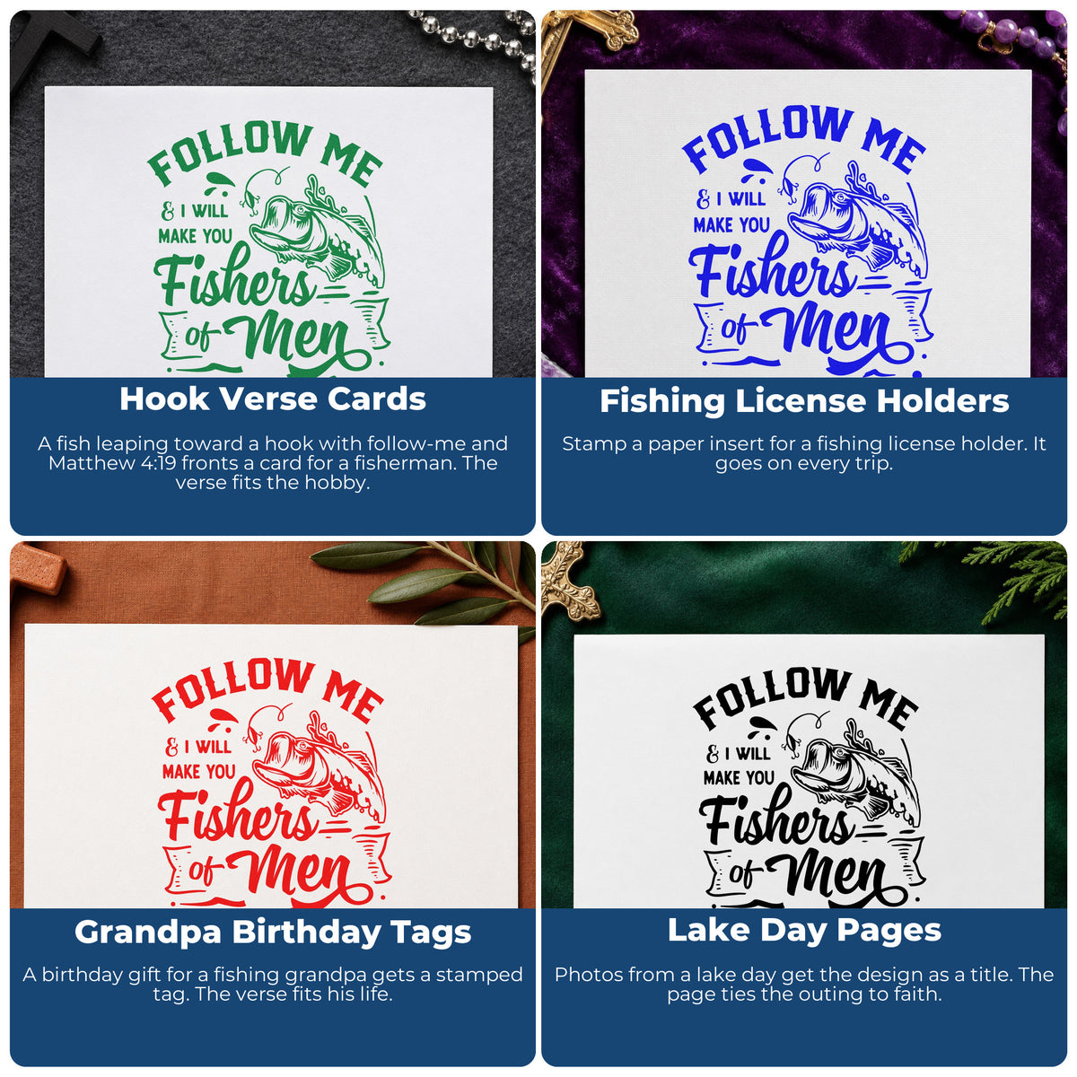 Four ways to use the Fishers Of Men Rubber Stamp – Duo Hand: hook verse cards, fishing license holders, grandpa birthday tags and lake day pages.