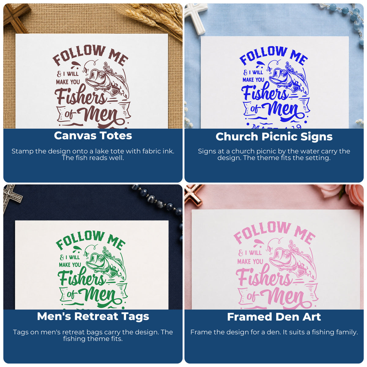 Four ways to use the Fishers Of Men Compact Pre-Inked Stamp – Slim: canvas totes, church picnic signs, men's retreat tags and framed den art.