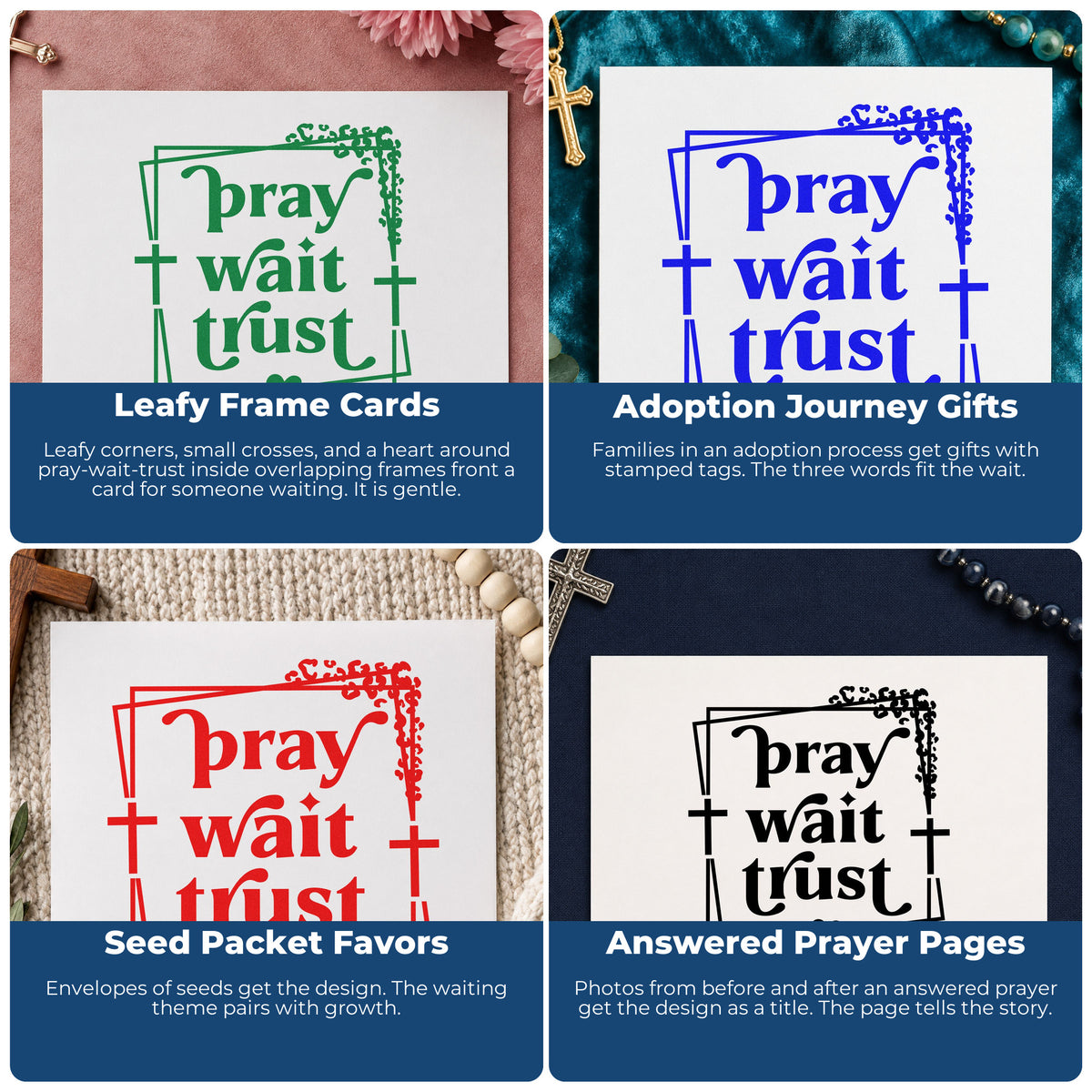 Four ways to use the Pray Wait Trust With Cross Wood Handle Stamp: leafy frame cards, adoption journey gifts, seed packet favors and answered prayer pages.