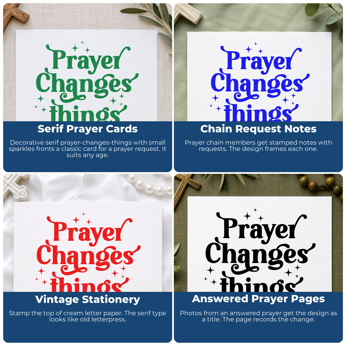 Four ways to use the Prayer Changes Things Premium Wood-Mounted Stamp - Vintage Pro: serif prayer cards, chain request notes, vintage stationery and answered prayer pages.