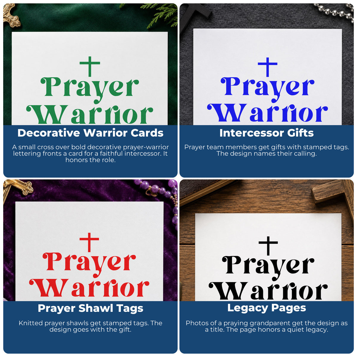 Four ways to use the Prayer Warrior With Cross Wood Handle Stamp: decorative warrior cards, intercessor gifts, prayer shawl tags and legacy pages.