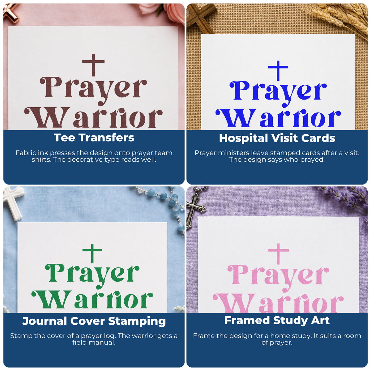 Four ways to use the Prayer Warrior With Cross Wood Handle Stamp: tee transfers, hospital visit cards, journal cover stamping and framed study art.