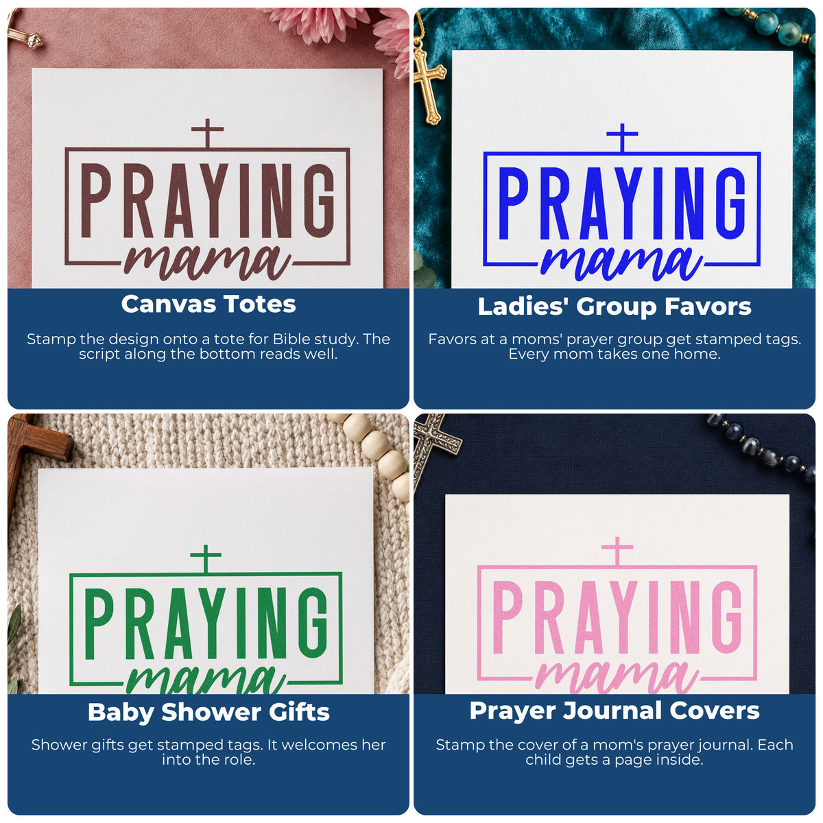 Four ways to use the Praying Mama PSI Pre-Inked Stamp: canvas totes, ladies' group favors, baby shower gifts and prayer journal covers.