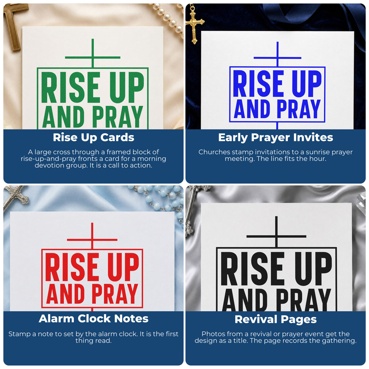 Four ways to use the Rise Up And Pray With Cross Slim Pre-Inked Stamp: rise up cards, early prayer invites, alarm clock notes and revival pages.