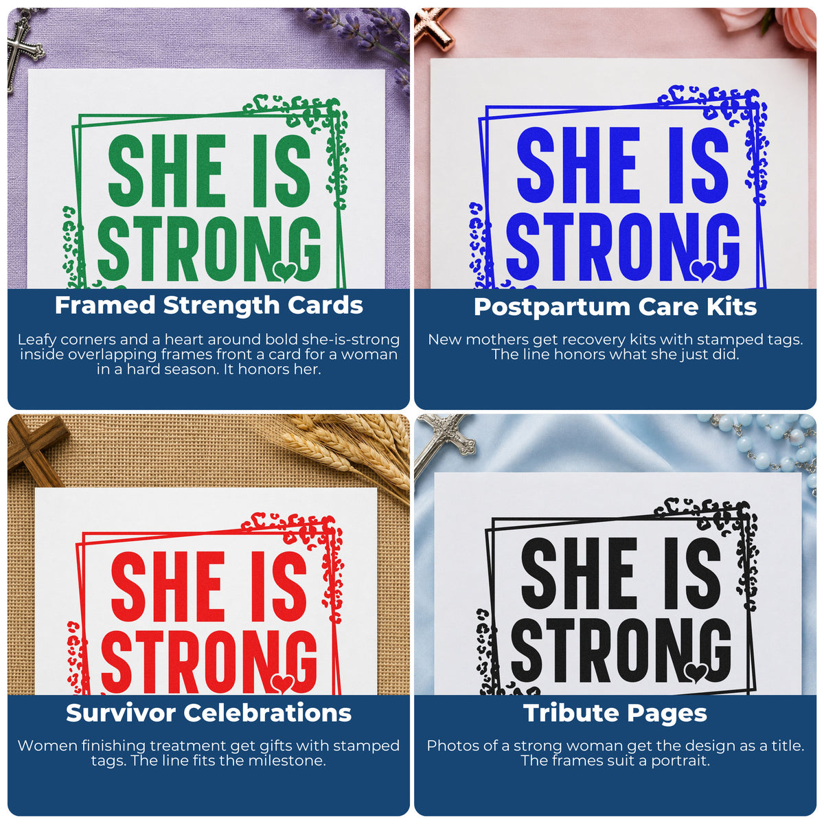 Four ways to use the Pre-Inked She Is Strong Botanical Lettering Stamp – PSI: framed strength cards, postpartum care kits, survivor celebrations and tribute pages.