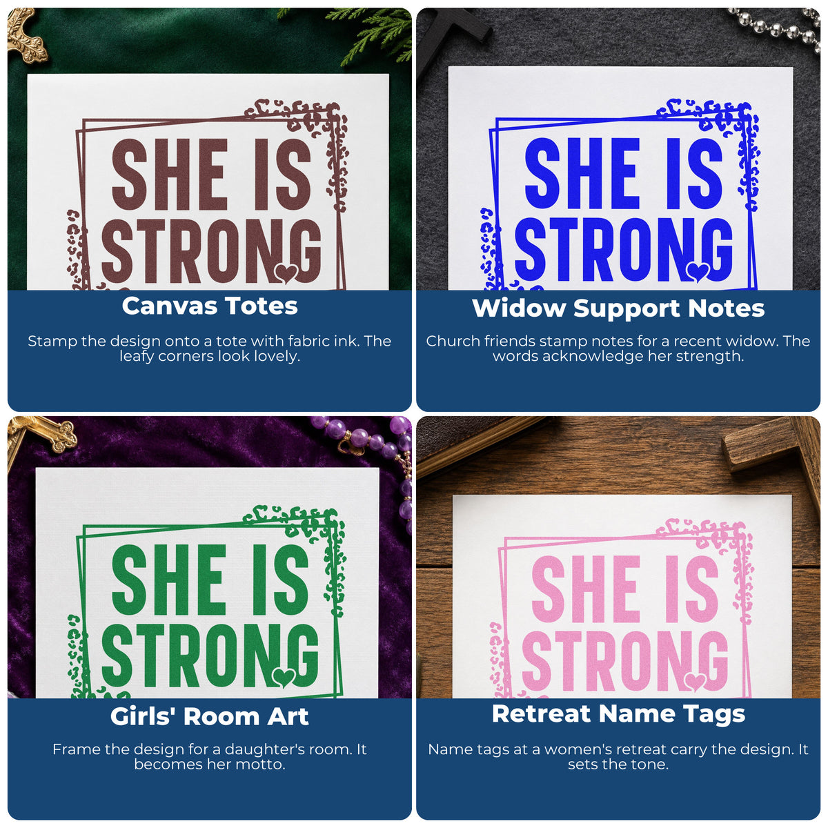 Four ways to use the Pre-Inked She Is Strong Botanical Lettering Stamp – PSI: canvas totes, widow support notes, girls' room art and retreat name tags.