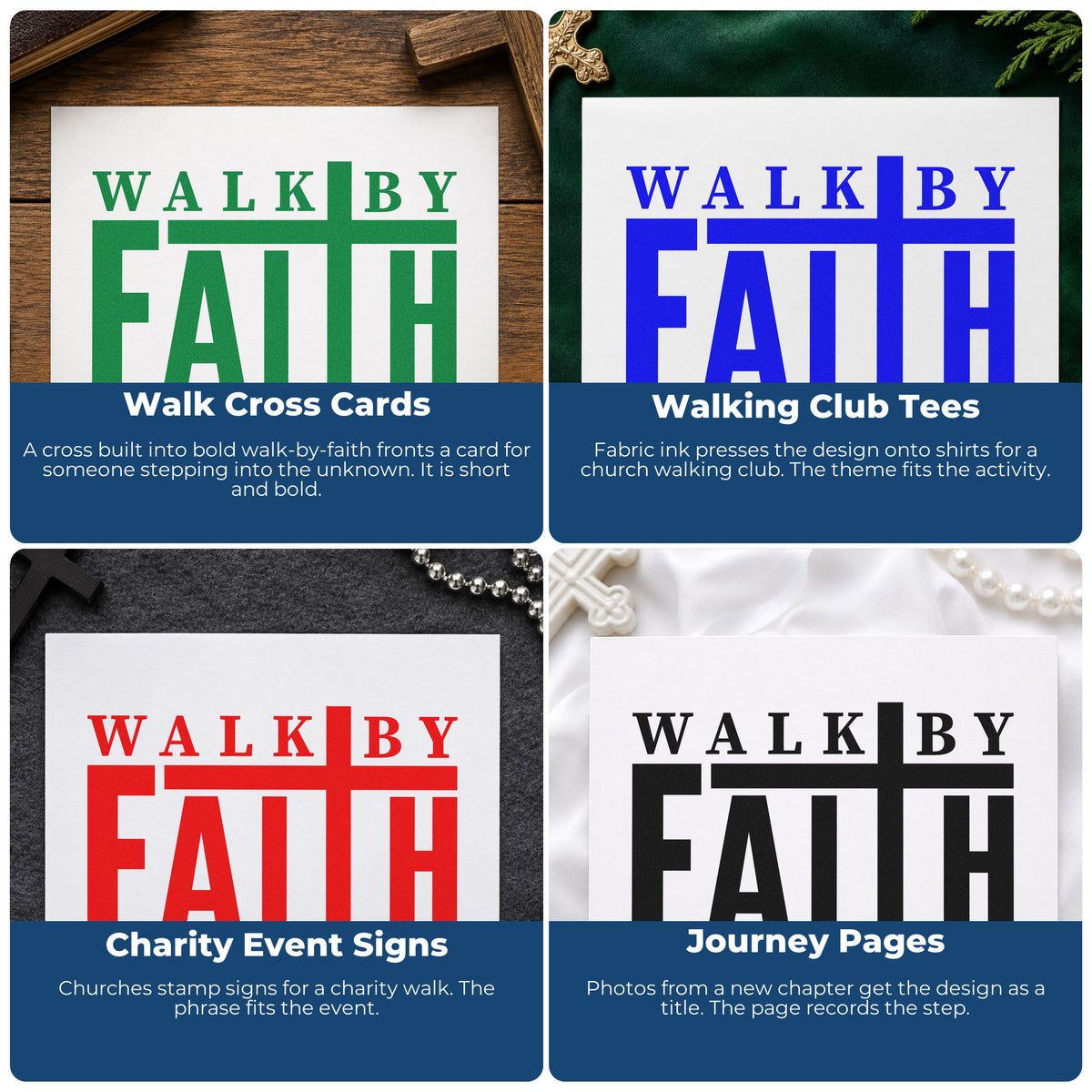 Four ways to use the Walk By Faith With Cross Self-Inking Craft Stamp: walk cross cards, walking club tees, charity event signs and journey pages.