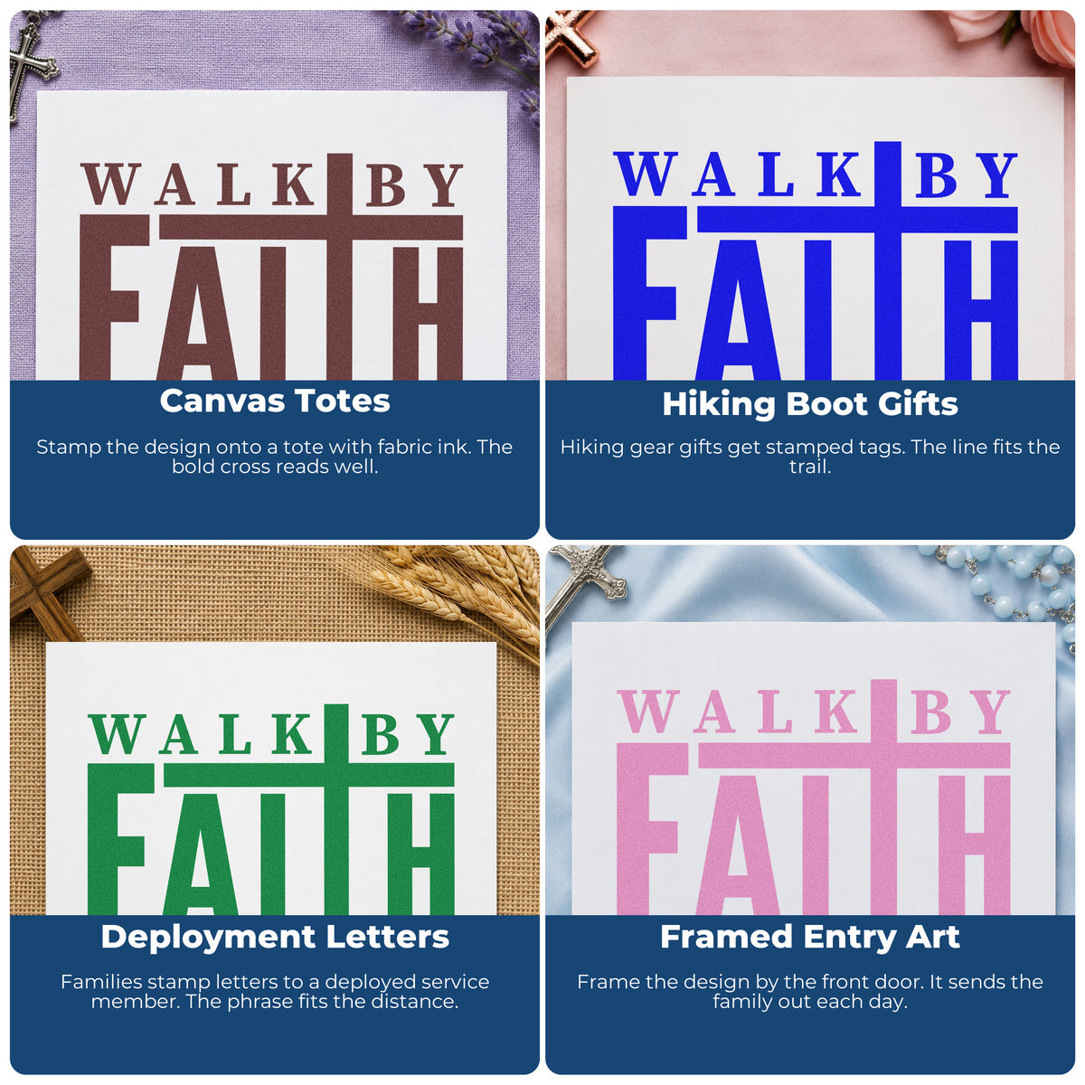 Four ways to use the Walk By Faith With Cross Self-Inking Craft Stamp: canvas totes, hiking boot gifts, deployment letters and framed entry art.